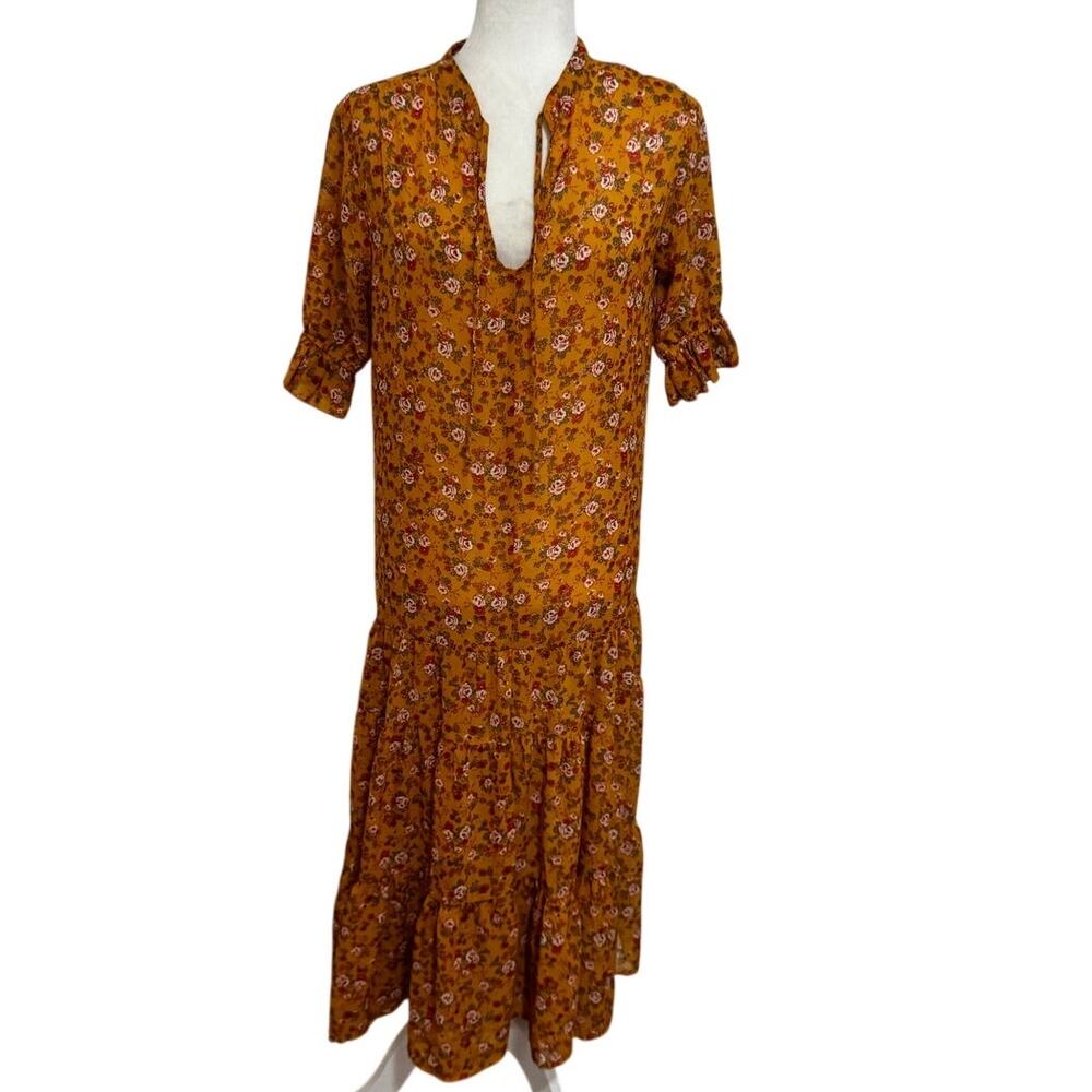 Velvet Torch Los Angeles Floral Midi Dress Size Small Boho Mustard Sheer